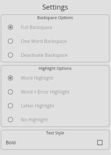Custom settings dashboard interface allowing custom backspace policy and layout configuration